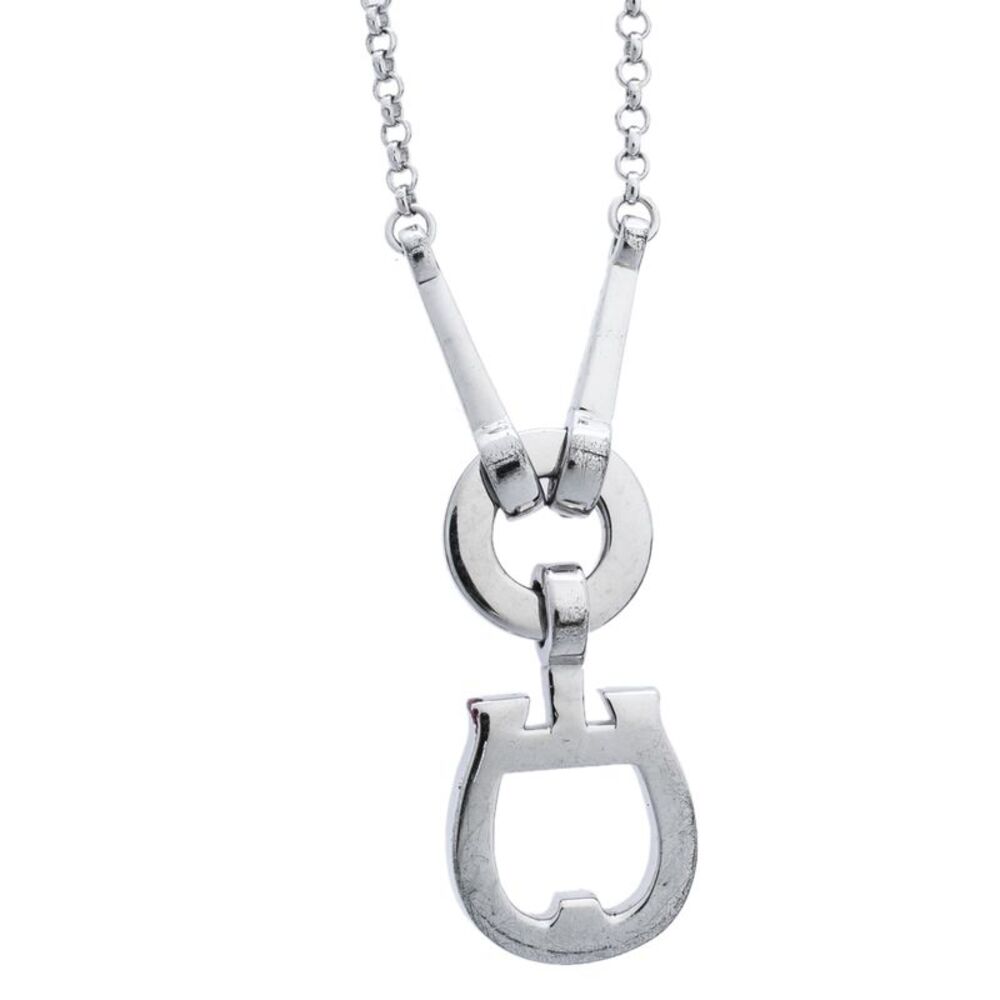 Aigner Crystal Embellished Logo Pendant Silver Tone Necklace